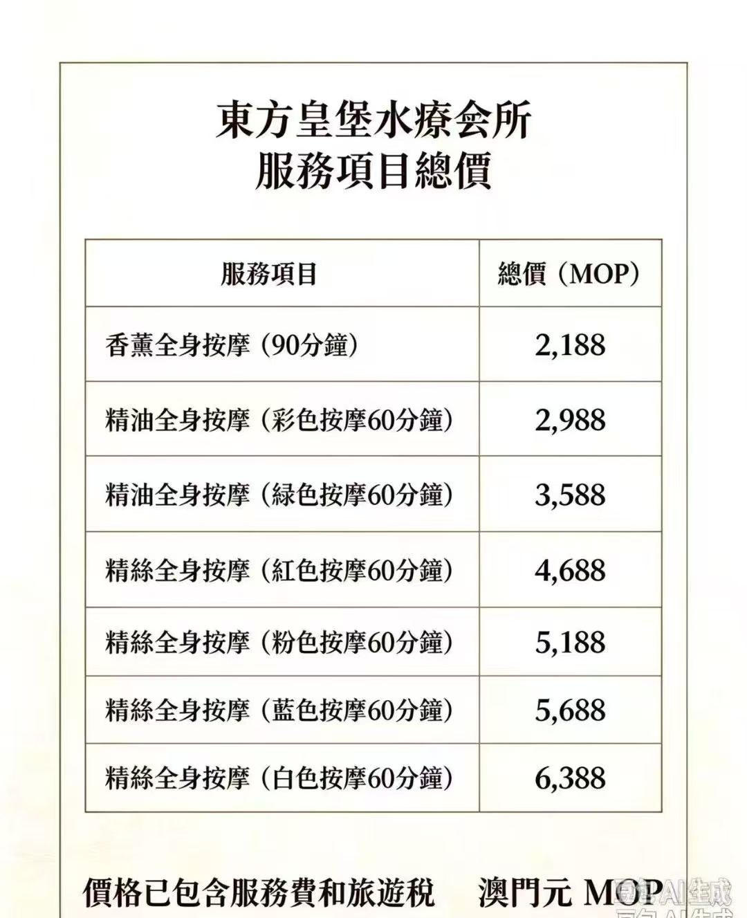 East Castle Spa price list