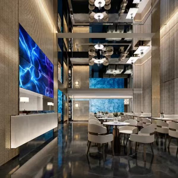 Dining area with aquarium views.