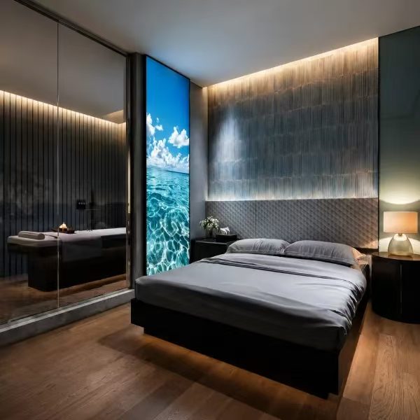 Guest room in cool blue light.