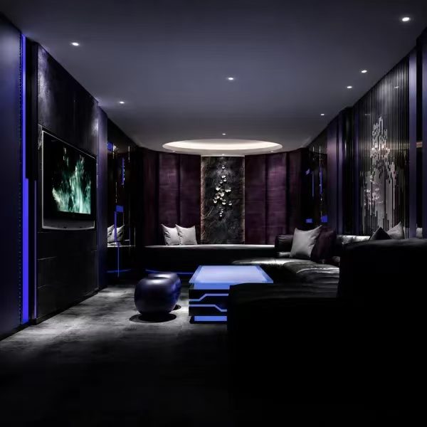Low-lit lounge.